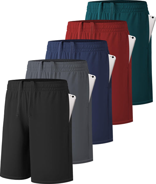 MLYENX 5 Pack Boys Athletic Shorts Active Performance Youth Kids Basketball Shorts Quick Dry with Elastic Waist Pockets