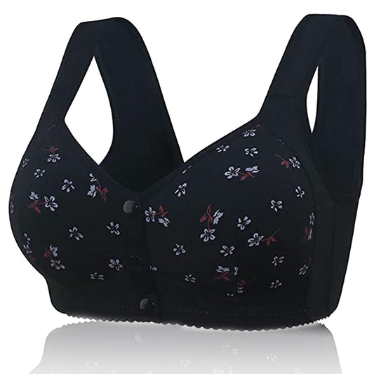FHTECO Senior Women Daisy Bras Plus Size Front Closure Bras T-Shirt Bras Comforable Wireless Bra Breastfeeding Bras (S 1#Black)