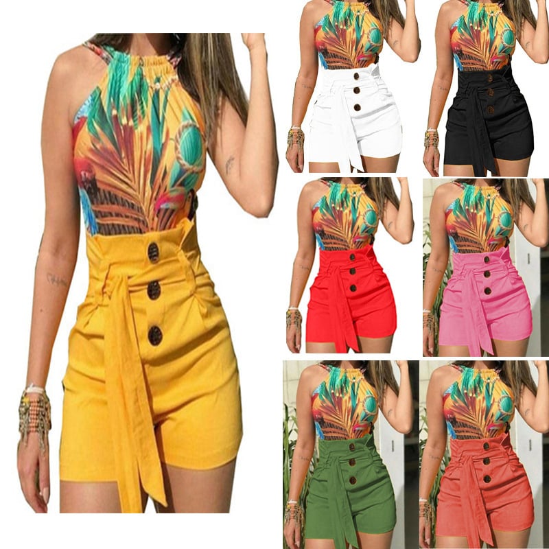 High Waist Button Lace Up Wide Leg Women's Shorts