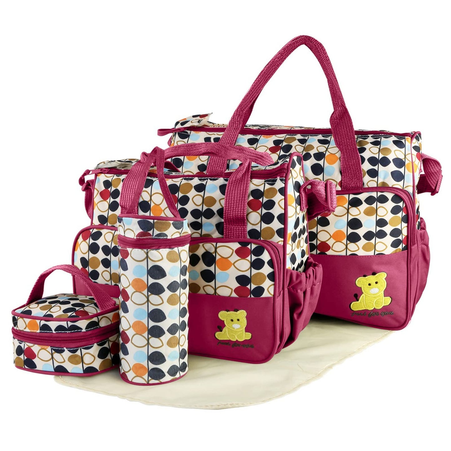 KOCASO 5PCS Baby Nappy Diaper Bags Set Mummy Diaper Shoulder Bags w/Nappy Changing Pad Insulated Pockets Travel Tote Bags For Mom Dad (Red)