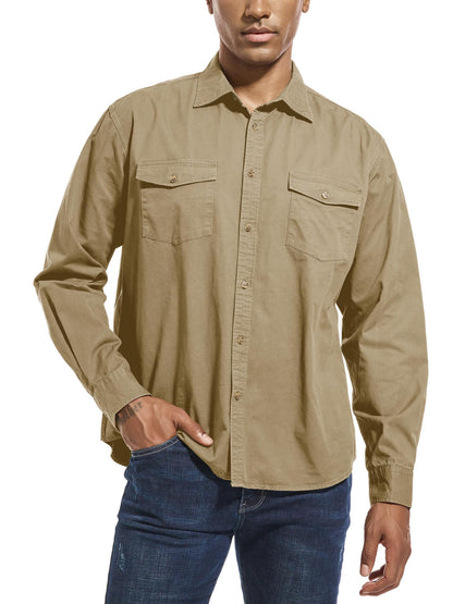 LUIGRAD Mens Button Up Shirts Long Sleeve Button Down Shirts with Two Pockets Work Shirts for Men (Beige2XL)