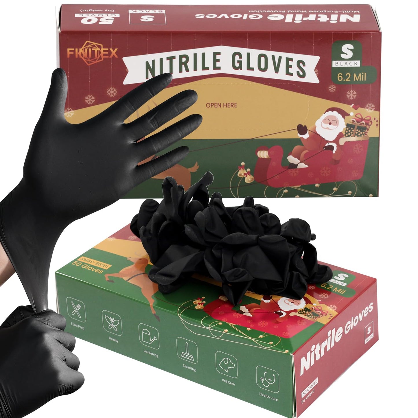 FINITEX Black Nitrile Disposable Latex Free Gloves - 6.2mil 50PCS Powder Free Gloves Christmas Cleaning Medical Exam Food Gloves (Small)