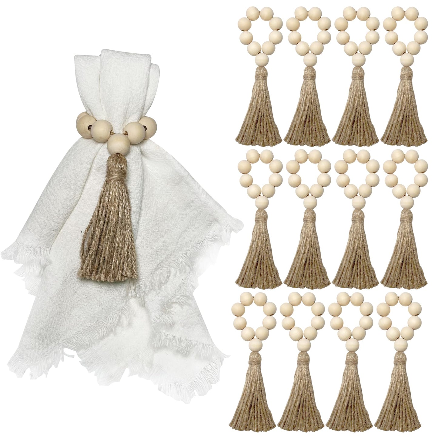 Napkin Rings Set of 12Wooden Napkin RingsWood Bead Elastic Farmhouse Napkin Rings with TasselBoho Napkin Rings for Table DecorWeddingDinnerParty (Nature)
