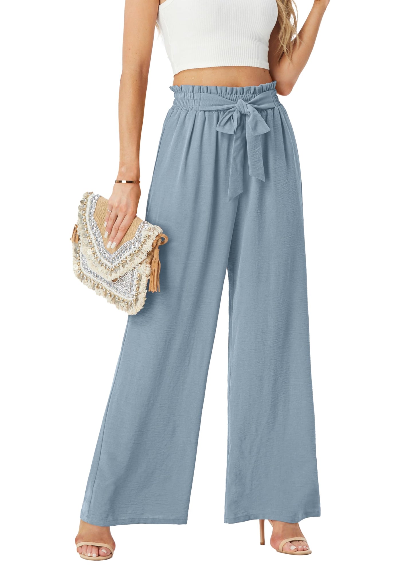 FREEOAK Palazzo Pants for Women Office Casual for Business Flowy Work Slacks Wide Leg Lounge Bottom Beach Travel Summer 2024