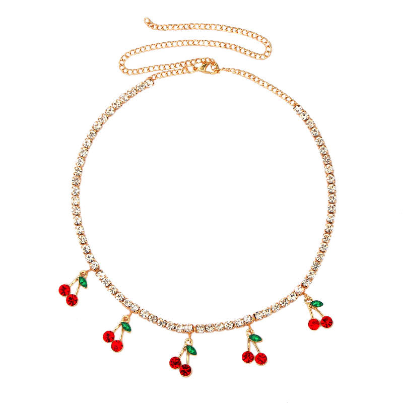 Cherry Pendant Necklace with Rhinestones and Diamonds