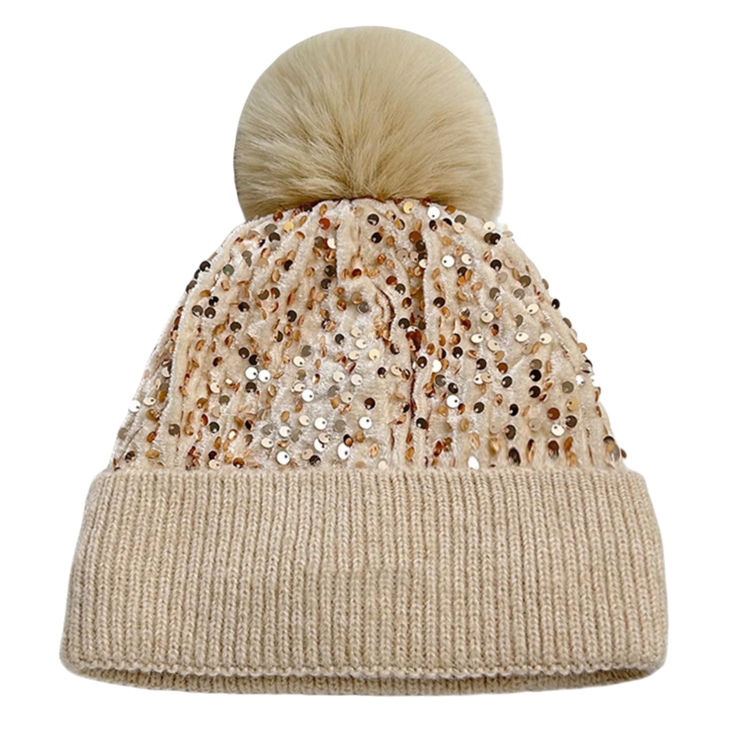 Caviotess Sparkly Sequins Beanies for Women Girls Warm Velvet Winter Hat Knit Skull Cap with Faux Fur Pom Pom