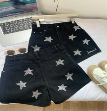 Light Luxury Silver Black Rhinestone Women's Shorts