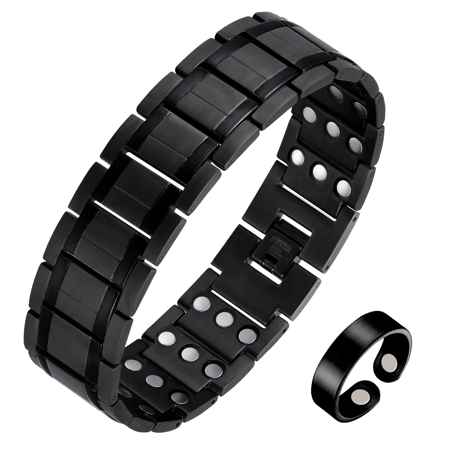 Jecanori 3X Mens Bracelet Magnetic RingUltra Stainless Steel Magnetic Bracelet & Copper Ring Gift Set with Sizing Tools