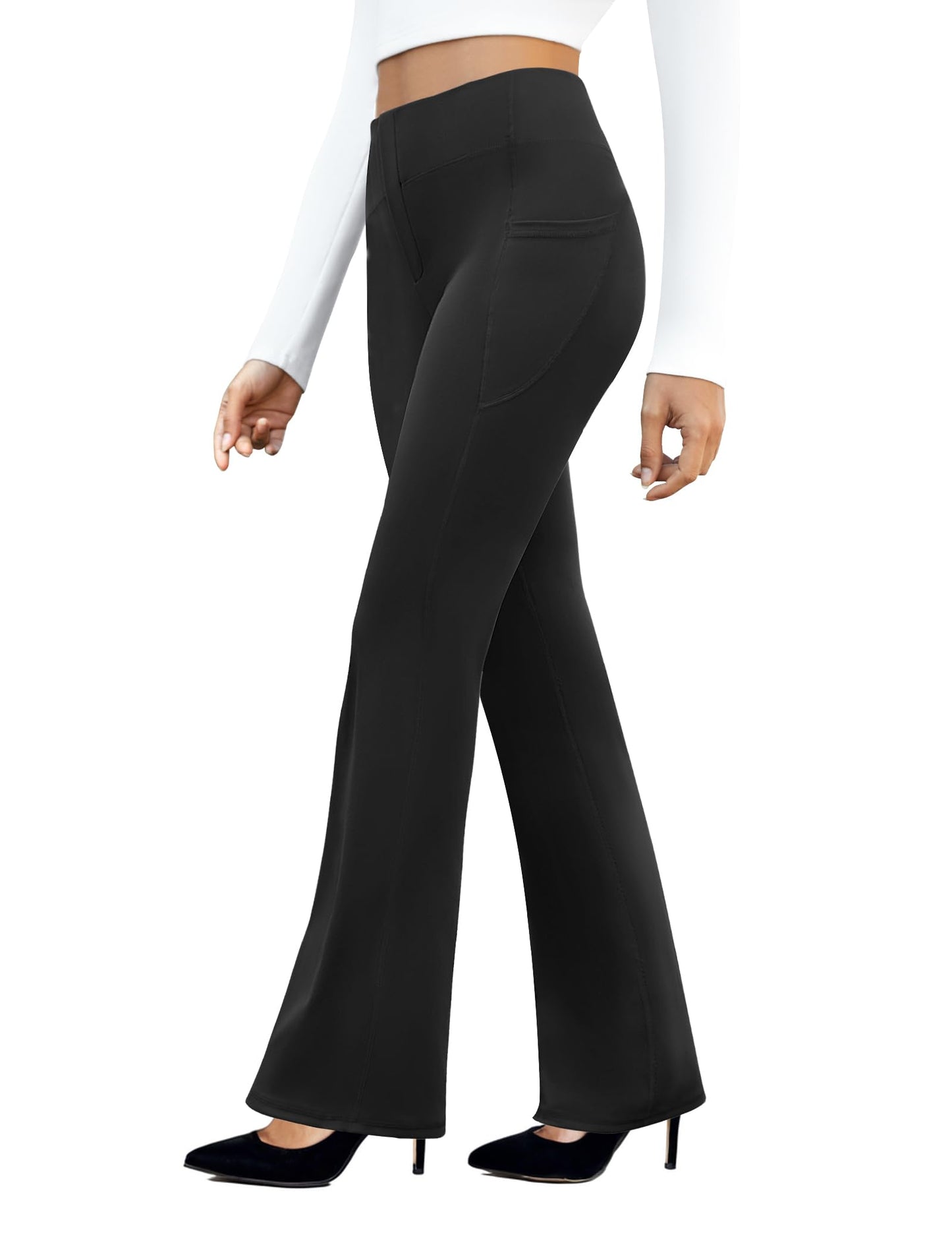 DLOODA Womens Work Pants Business Casual Pants High Waisted Yoga Flare Leggings with Pockets Dress Slacks Tummy Control Black