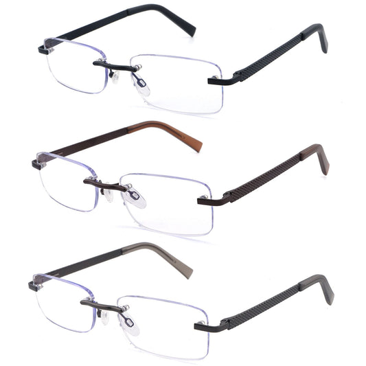FEIVSN 3 Pack Rimless Reading Glasses for Men Blue Light Blocking Readers Spring Hinge Metal Arms Sturdy Stylish Computer Glasses +1.5