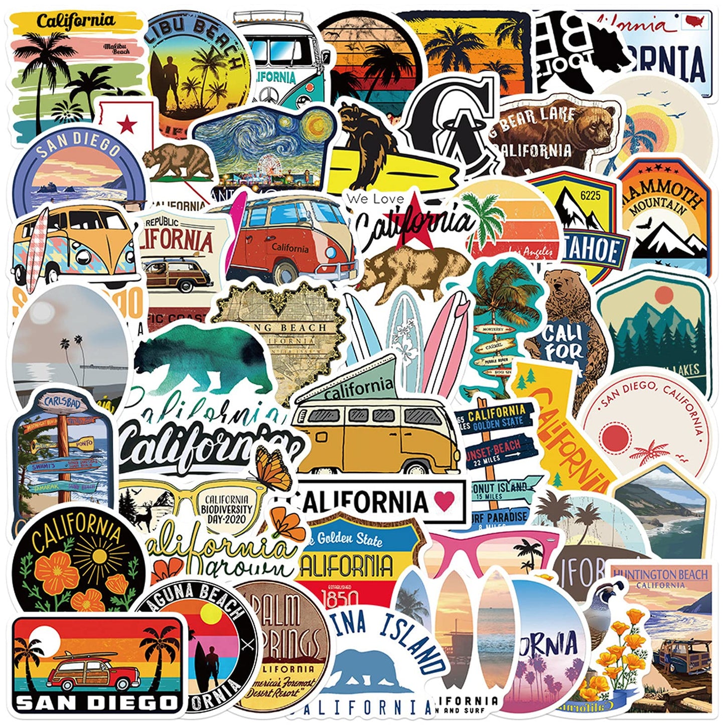 California Stickers 50PCS Travel Stickers for Laptops Trackpads Keyboards Backpacks Skateboards Luggage Water Bottles Scrapbooks Mirrors Notebooks Journals Cars Bumpers Waterproof