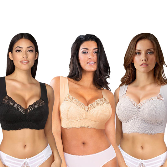 FHTECO Women Plus Size Bras Breathable Wireless Bras Lace Bras Lightly Lined T-Shirt Bra for Daily Sports No Wire Bras (XL Black & Beige & Gray)