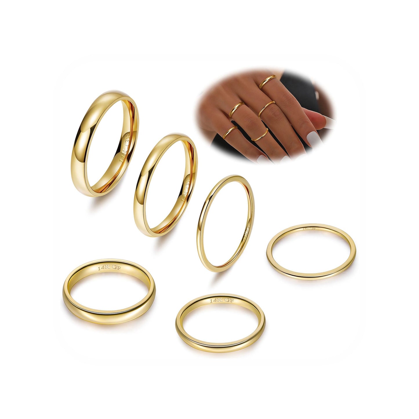 Masedy 6PCS 1-3mm 14K Gold Filled Stacking Rings for Women Simple Knuckle Ring Thumb Pinky Midi Statement Band Ring Stackable Thin Plain Gold Ring Minimalist Finger Ring Comfort Fit Size 6