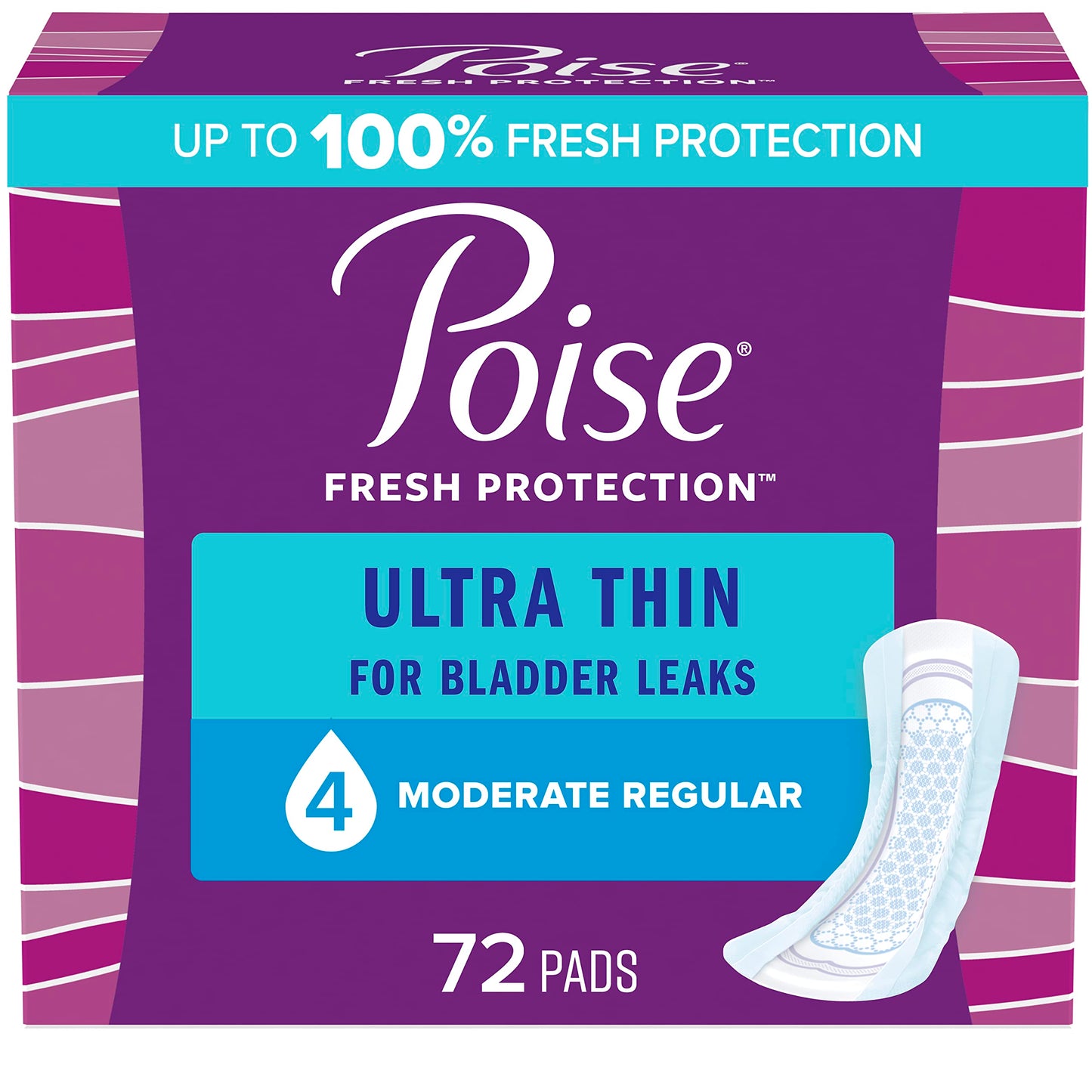 Poise Ultra Thin Incontinence Pads & Postpartum Incontinence Pads 4 Drop Moderate Absorbency Regular Length 72 Count (4 Packs of 18)