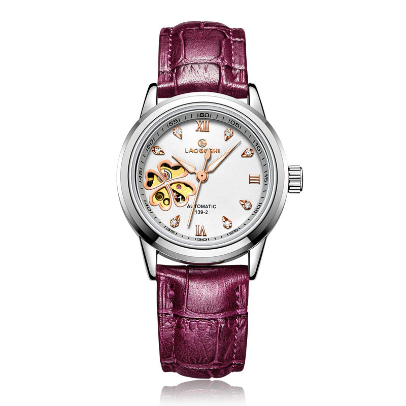 Waterproof Women's Automatic Leather Watch with Diamonds
