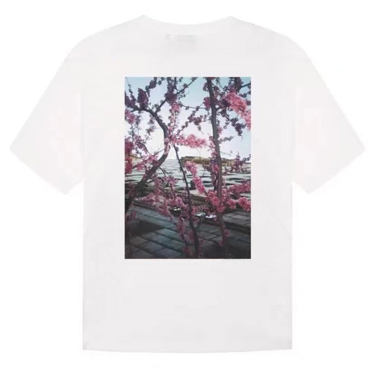 Double Line Floral Print Couple Graphic T-Shirts