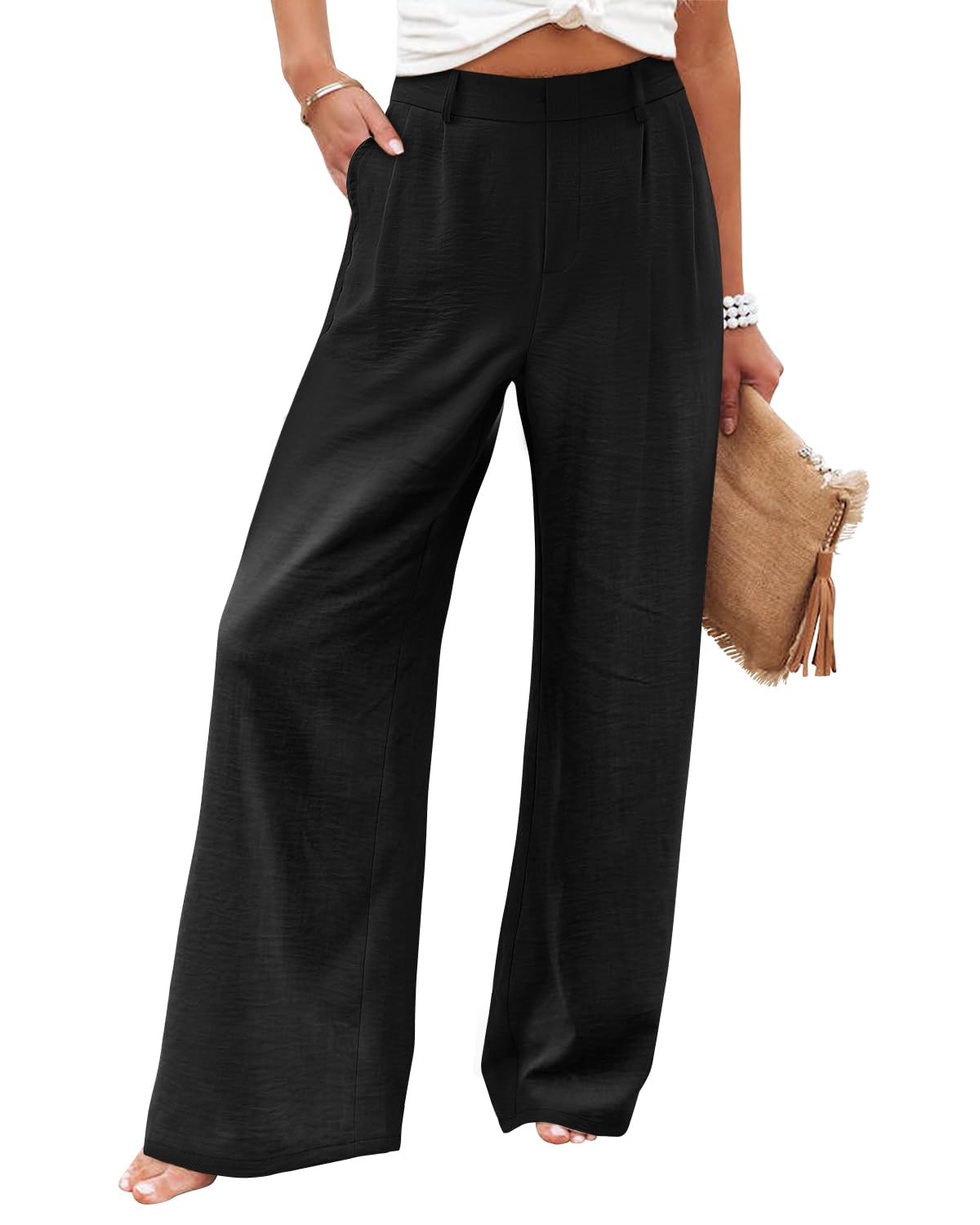 Angerella Petite Size Black Pants Women Comfy Wide Legged Pants for Women Business Casual Capris Stretch Pull on Work Slacks S