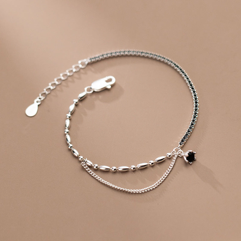 Simple Asymmetrical Silver Bracelet with Diamonds