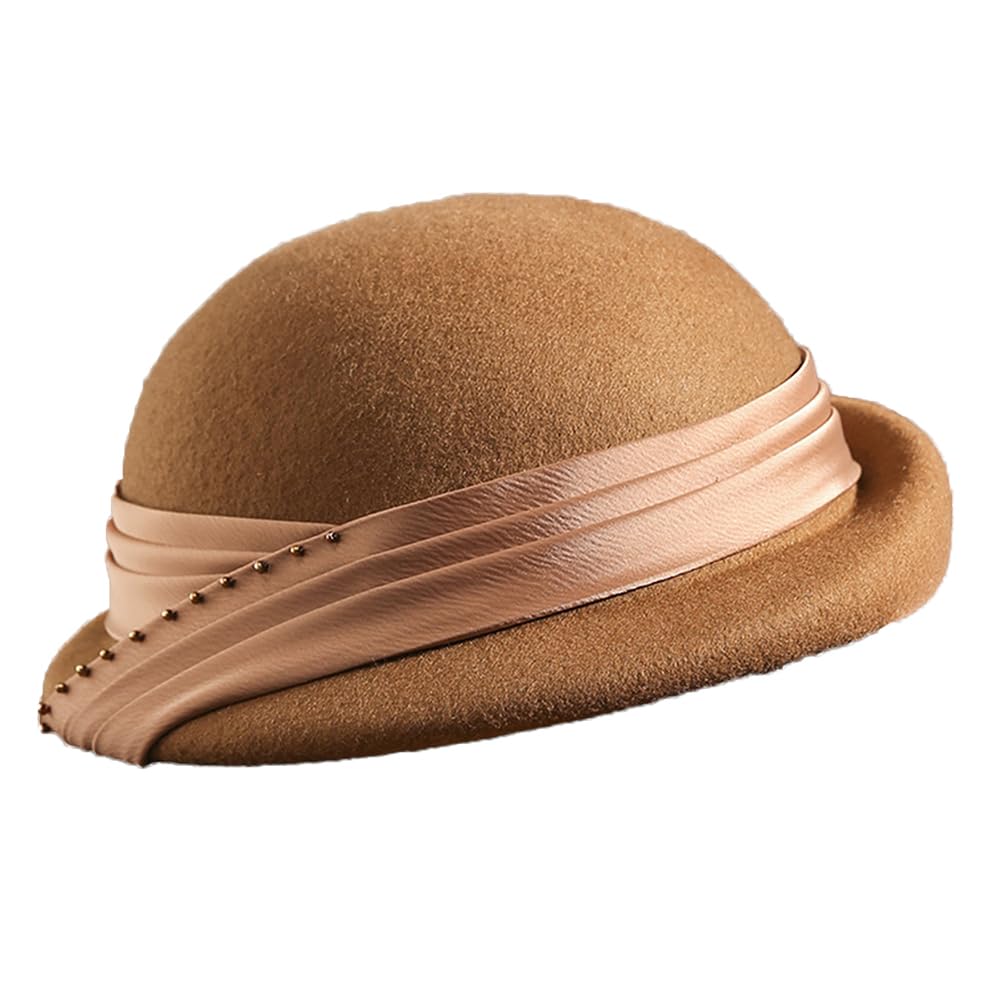 Elegant Top Hats for Women French Artist Hat Painter Hats with Beading Ladies Vintage Floppy Wool Felt Fedoras Caramel