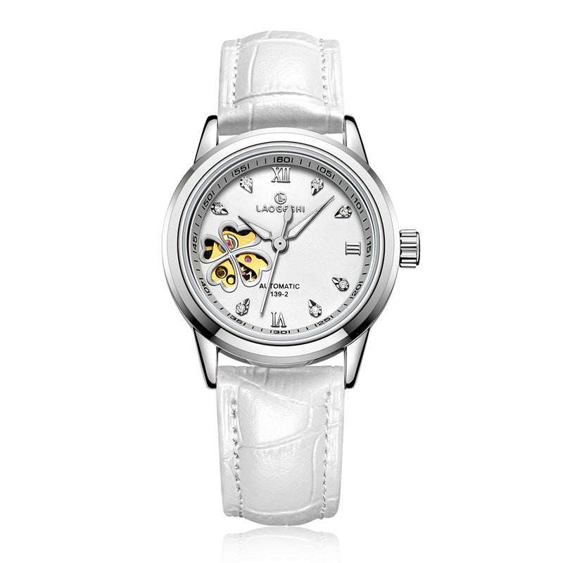 Waterproof Women's Automatic Leather Watch with Diamonds