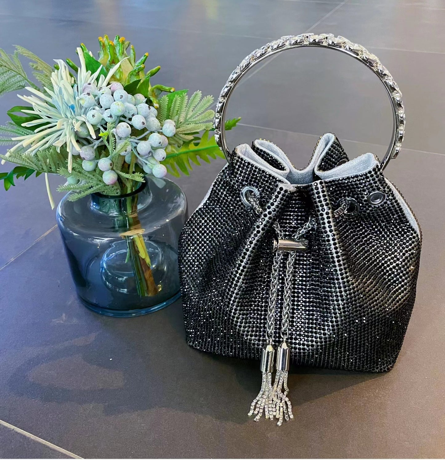 Shiny Handbag with Rainbow Tassels and Diamonds