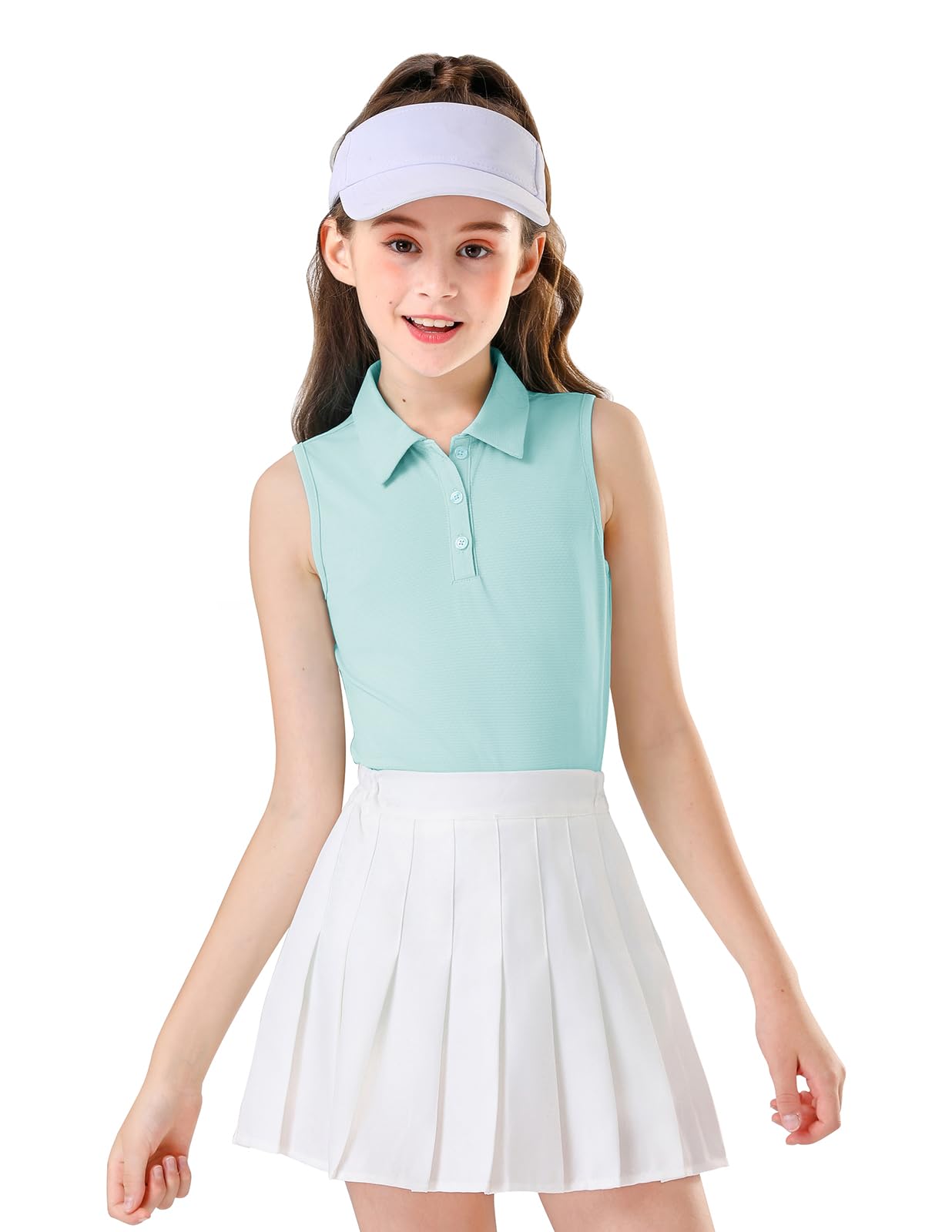 Girls Light Blue Sleeveless Polo Shirts Golf Tennis T-Shirts Collared Tank Tops Quick Dry 5-6 Years