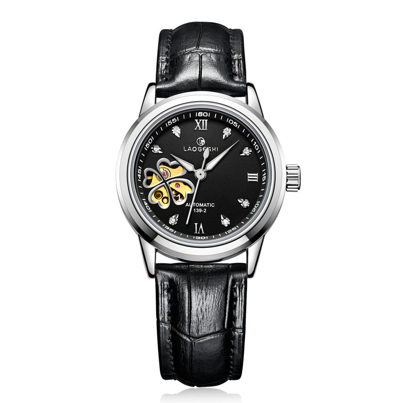 Waterproof Women's Automatic Leather Watch with Diamonds