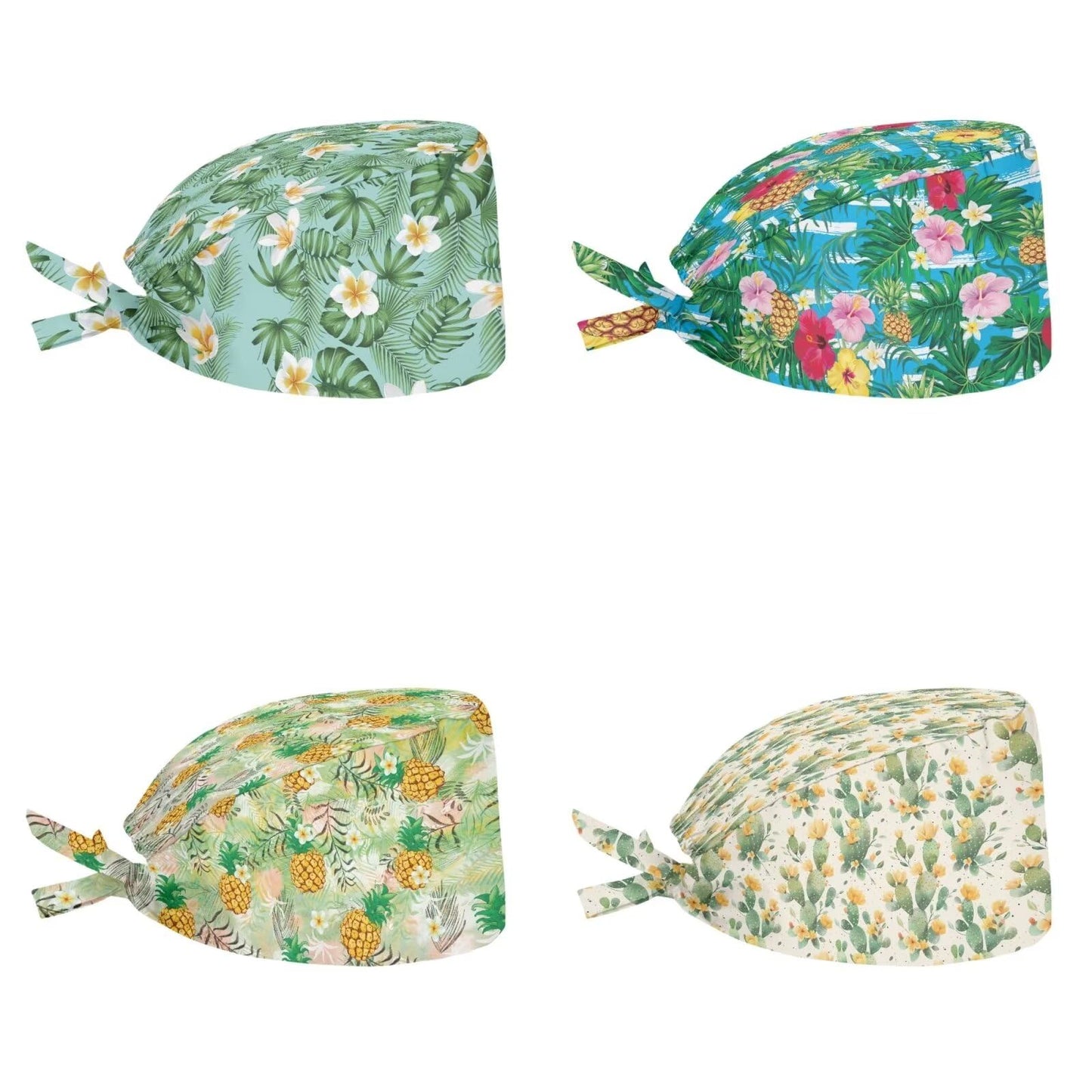 Babrukda 4pcs Set Turban Hat Women Men Cap with Sweatband Adjustable Tie Back Hats Head Hair Cover Beanies for Spring Summer Fall Winter Work Decor Tropical Leaves Pineapple Cactus Hibiscus Print
