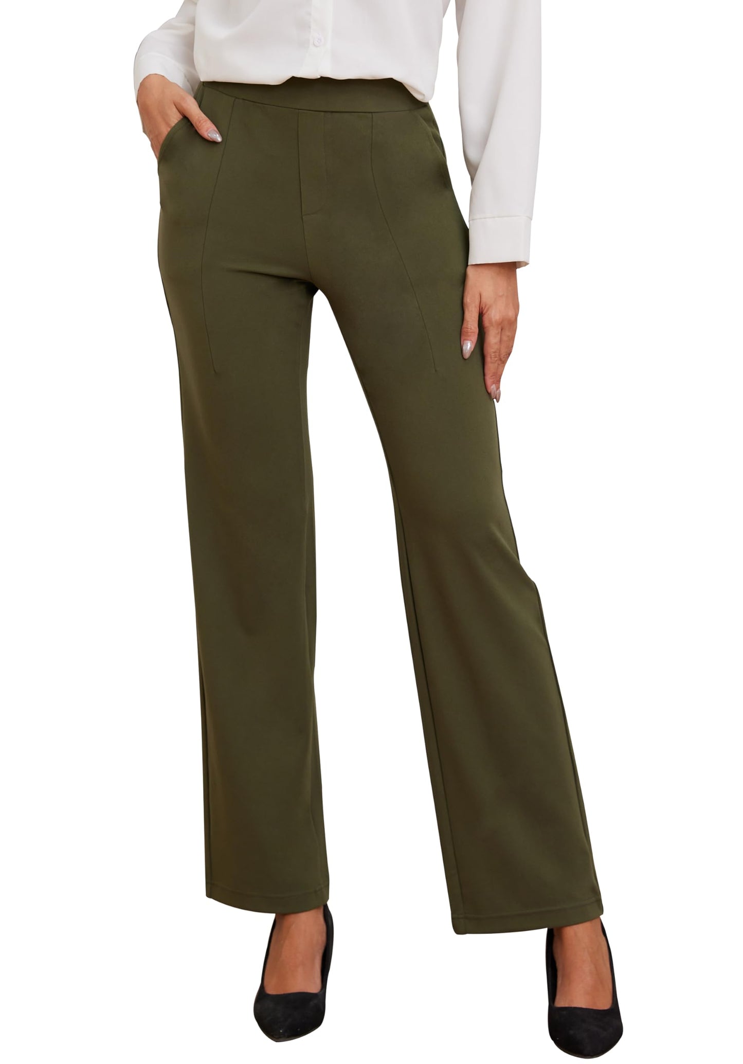 VIMPEP Yoga Dress Pants for Women Pull On Straight Leg High Waist Work Pants Woman Business Casual Lounge Office Slacks with Pockets 31 Army Green M
