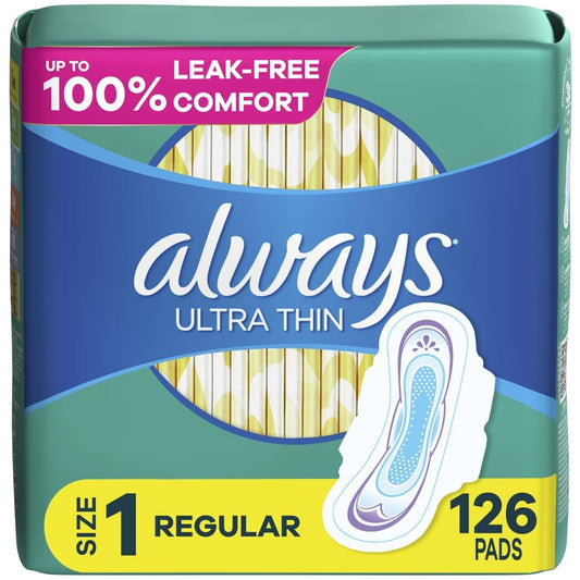 Always Ultra Thin Daytime Pads with Wings Size 1 Regular Unscented 42 Counts x 3 Packs (126 Count Total)