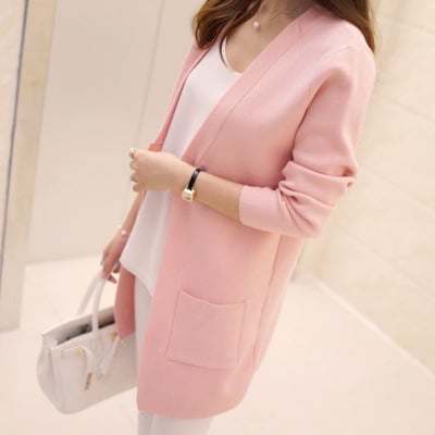 V-neck Mid-length Knitted Cardigan with Pockets