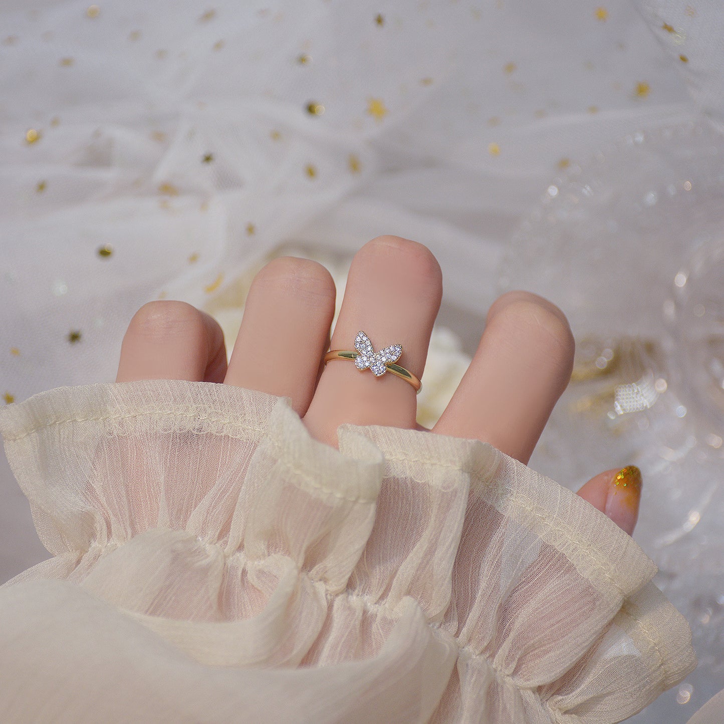 Delicate Butterfly Wing Open Ring with Diamonds