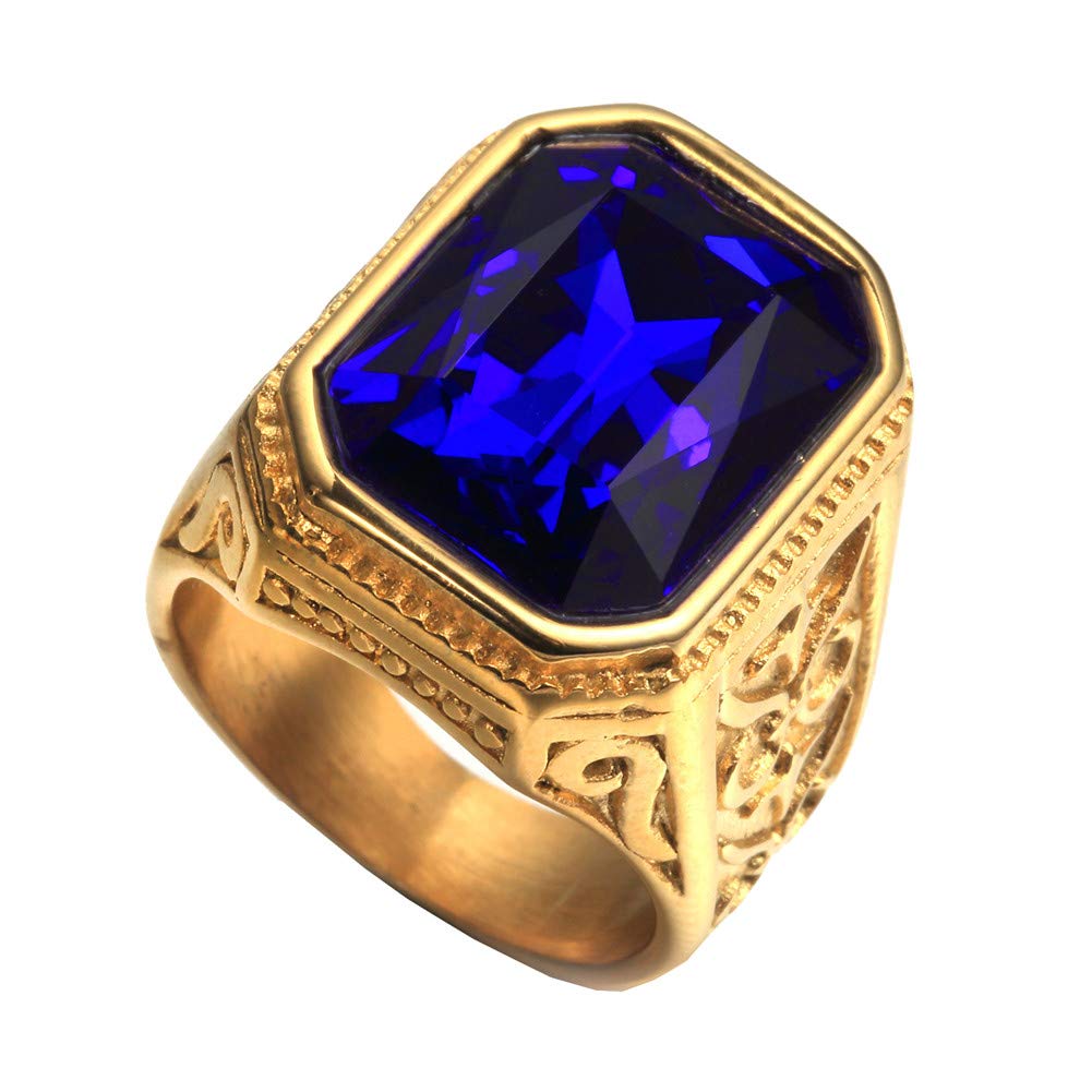 PAURO Mens Stainless Steel Vintage Wedding Promise Cubic Zirconia Ring with Big Stone Gold Blue Size 10