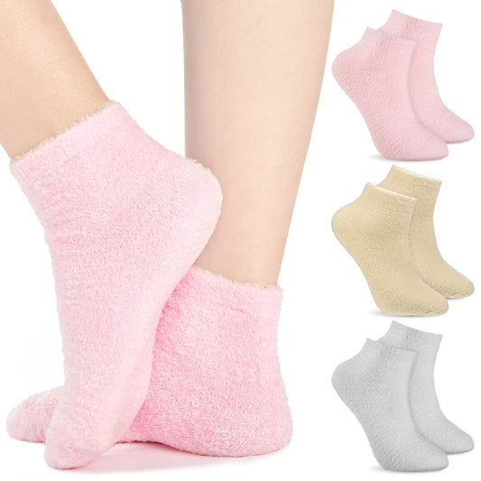 3 Pairs Aloe Socks Moisturizing Spa Socks Infused Socks Gel Sleeping Fuzzy Socks Dry Feet Socks Non Slip Lotion Socks for Women Men Repairing Softening Dry Cracked Feet (Pink Gray Nude Color)