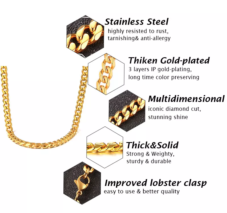 Stainless Steel Gold Silver Chain Cuban Curb Womens Mens Necklace 3/5/7/9/11mm