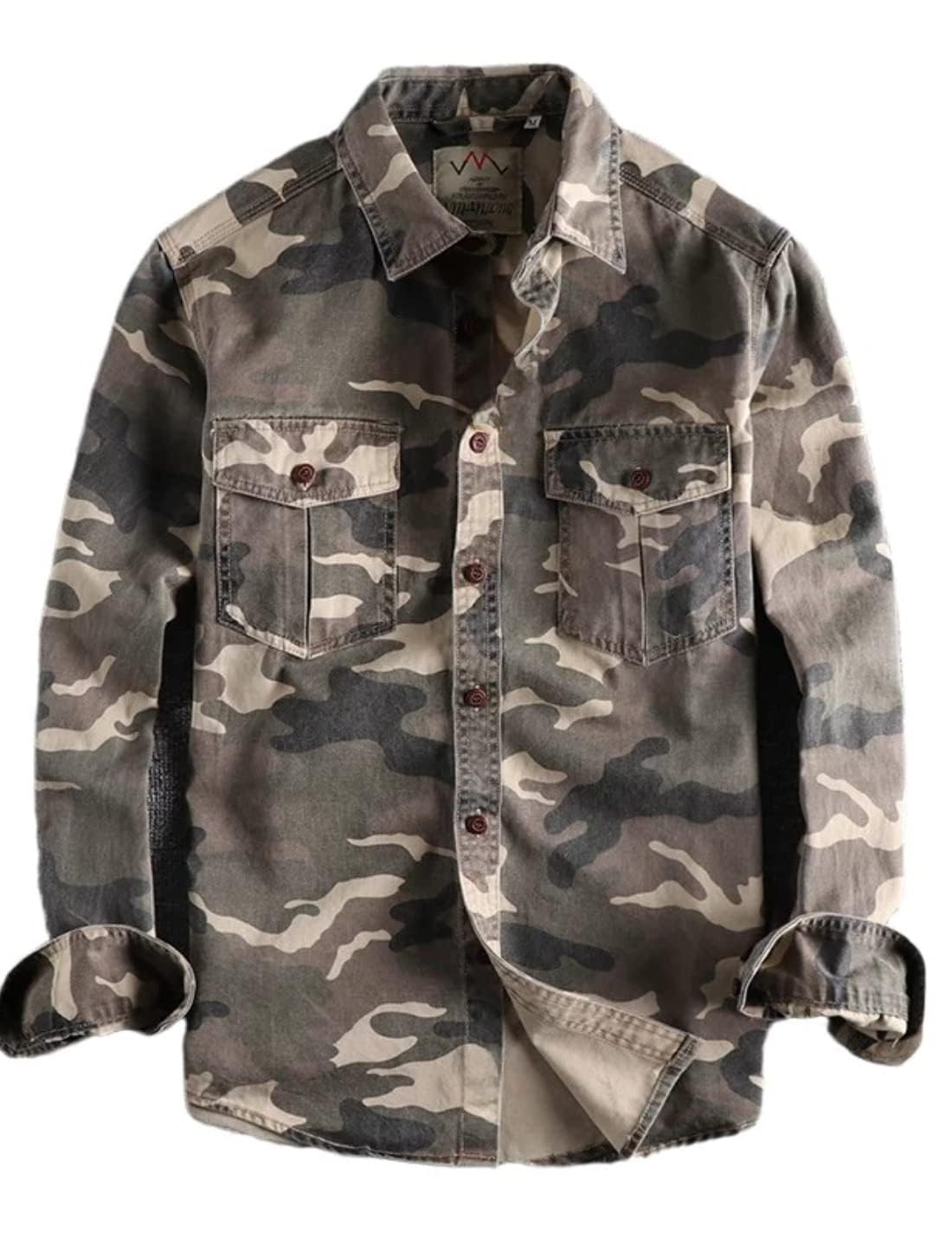 PAODIKUAI Men Camouflage Denim Shirt Camo Washed Military Long Sleeve Shirts Casual Button Down Shirts