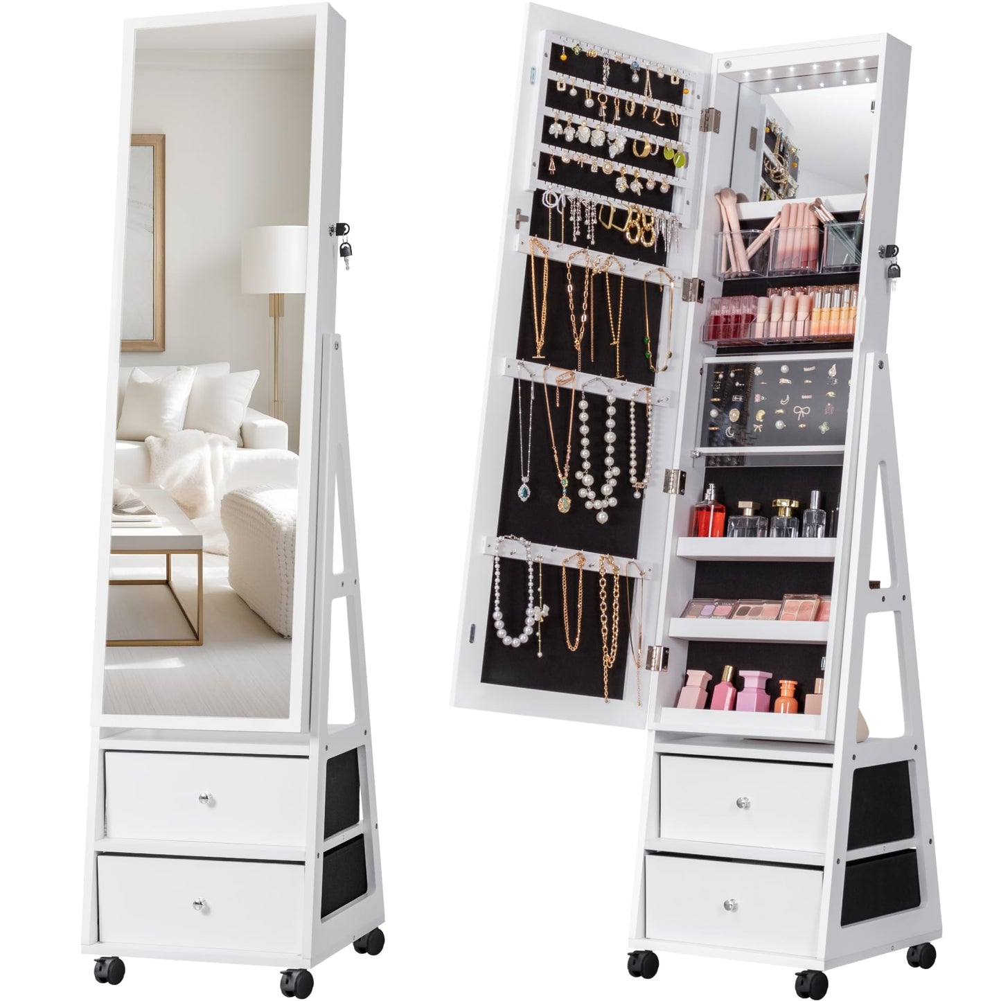 Furmax 360° Swivel Mirror Jewelry Cabinet with Lights Full Length Mirror Jewelry Armoire Organizer Standing Lockable Jewelry Storage Cabinet with 2 Drawers (White)
