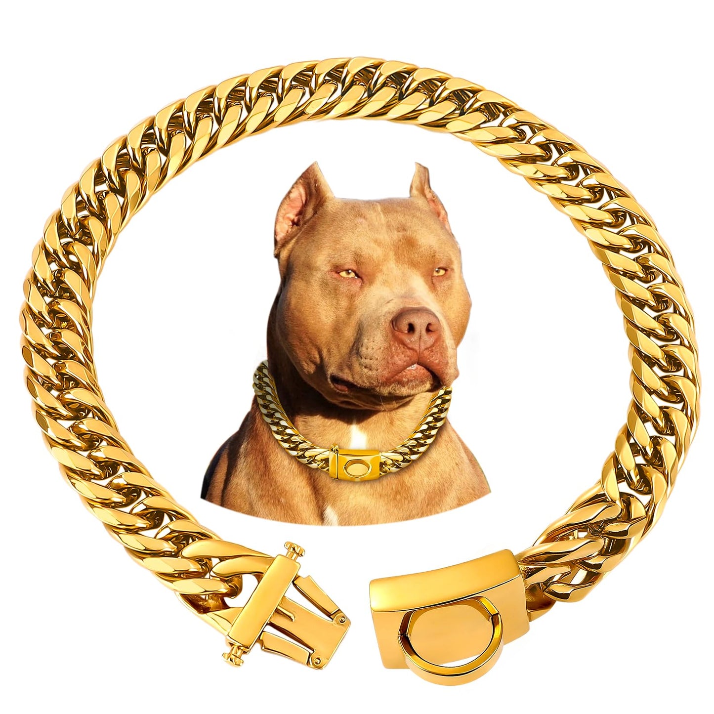 BAOBOTE Gold Chain Dog Collar16MM 18K Gold Heavy Duty Cuban Link Collar with Secure Snap Buckle Gold Dog Chain Metal Collar Chew Proof for Dogs(26" Gold)