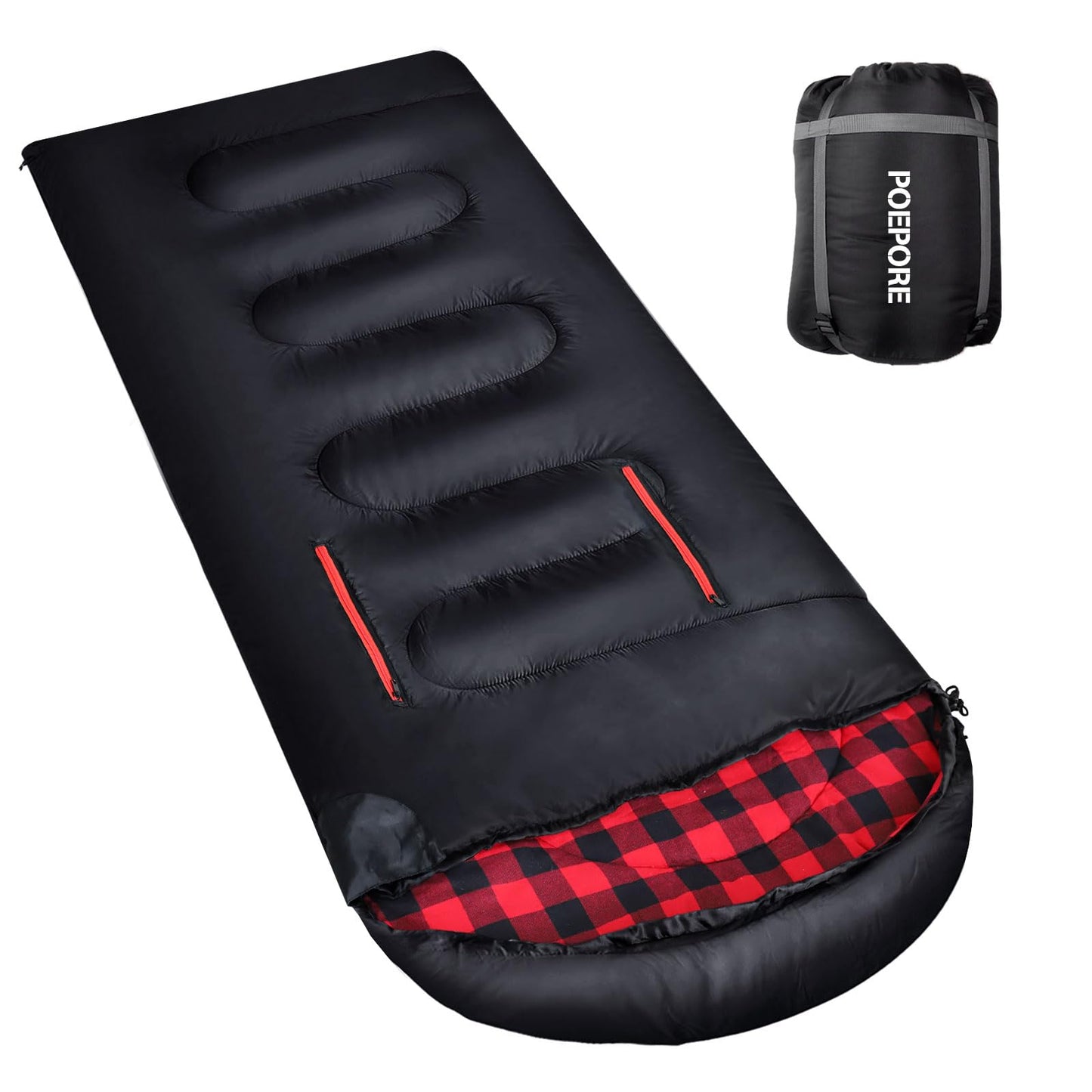 POEPORE Flannel Sleeping Bag Lightweight Warm Weather 3-4 Seasons for Adults XL Wearable Sleeping Bag Waterproof with Compression Sack Black/Red