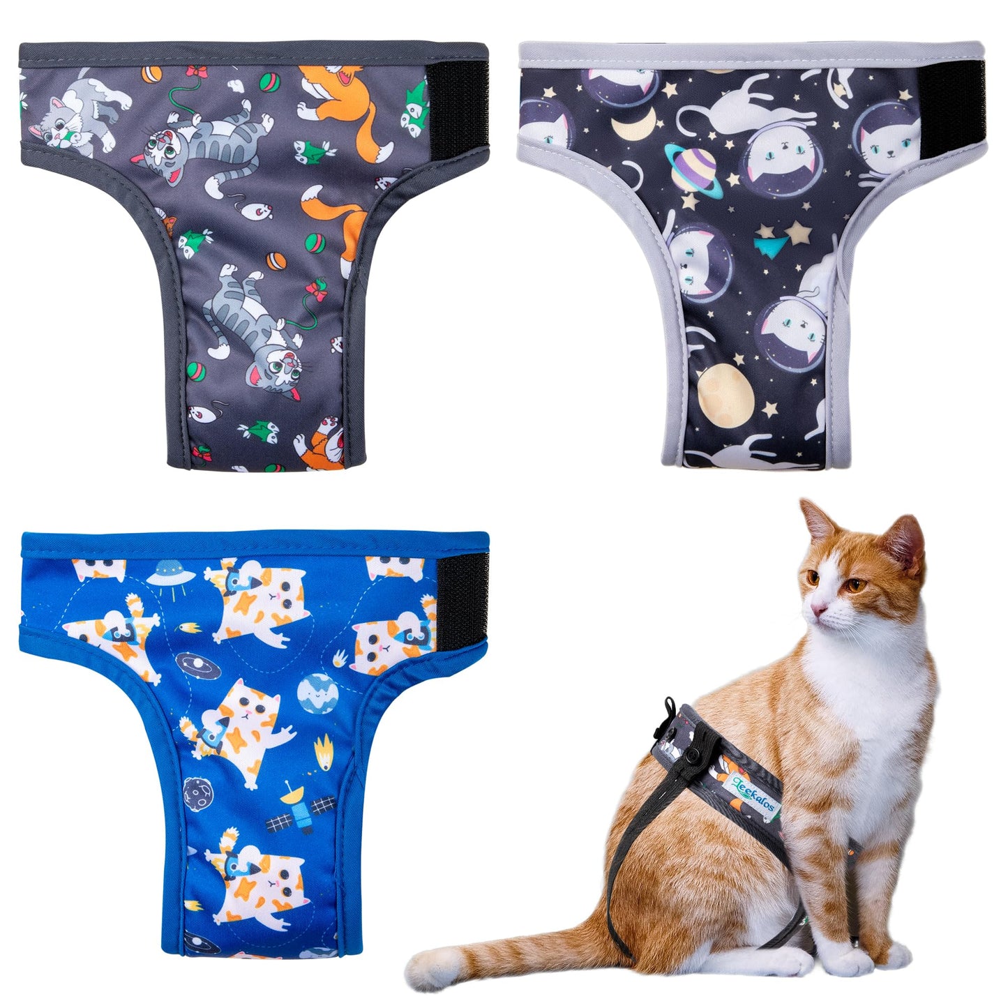 Leekalos Reusable Washable Cat Diapers (3 Pack) - Highly Absorbent Cat Diapers - Size Adjustable Diapers for Female Cats & Male Cat Easy to Put on Diapers (Medium Cats)