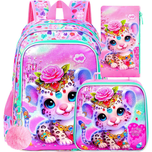 ZLYERT 3Pcs Backpack for Girls 16" Leopard Kids Bookbag for Elementary Preschool Kindergarten School Backpacks with Lunch Box(Pink)