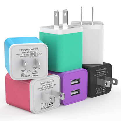 6Pack USB Wall Charger iGENJUN 2.4A Dual USB Port Cube Power Plug Adapter Fast Phone Charger Block Charging Box Brick for iPhone 16/16 Pro/16 Pro Max/15 Samsung Galaxy Pixel LG Android-Colorful