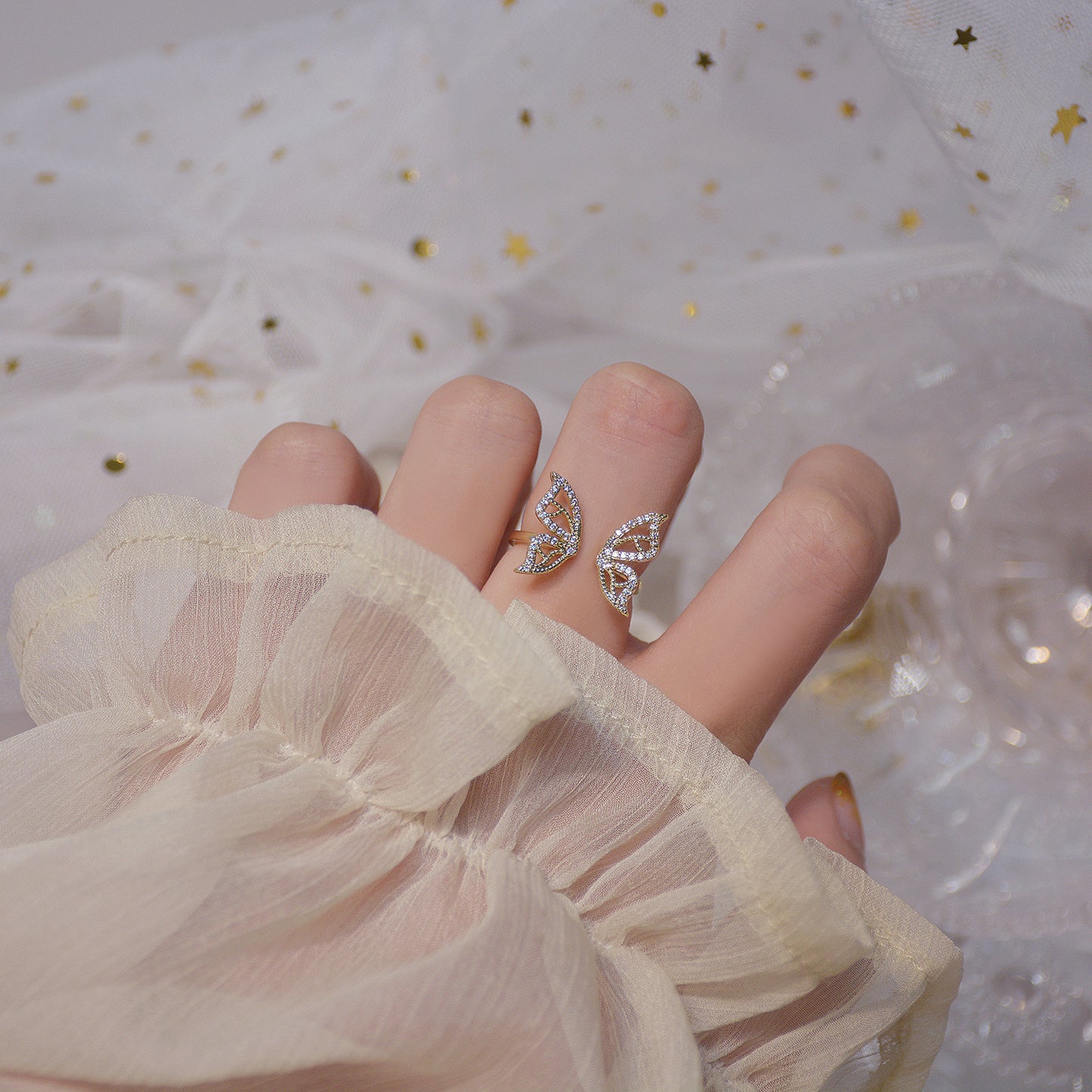 Delicate Butterfly Wing Open Ring with Diamonds