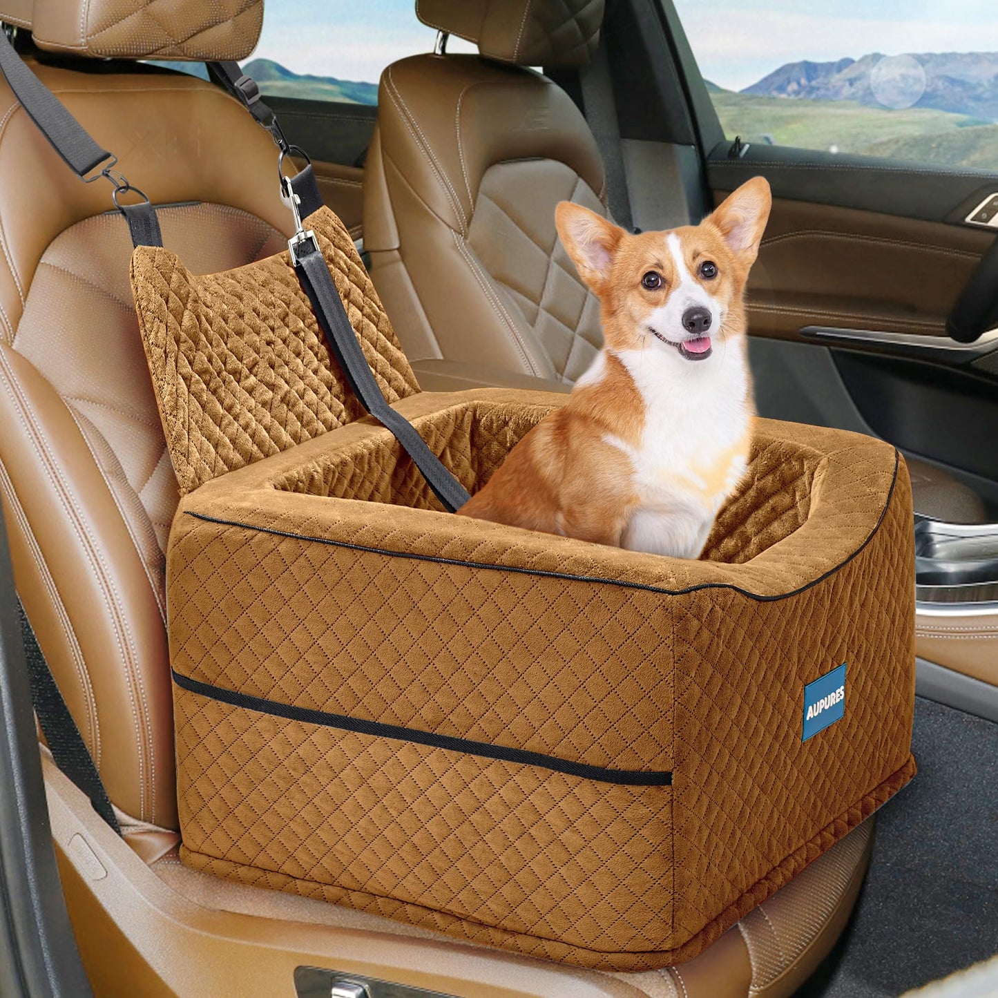 Aupures Dog Car Seat-Perfect Dog Car Seats for Small Medium Dogs Under 40 lbsDog Booster Car Seat with Adjustable HeightSmall Dog Car SeatPet Car SeatDog Car Carrier with Removable Cushion (Brown)