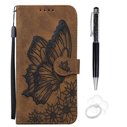 SUPWALL Designed for iPhone 15 Pro Wallet Case | Skin Feel Embossed Butterfly Flower Leather Folio Case | Card Holders Stand Wrist Strap Flip Case with Stylus Pen Ring Holeder - Brown