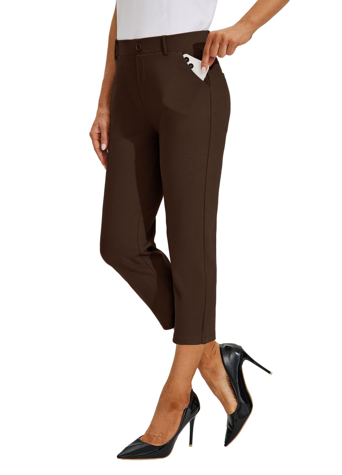 Willit Womens Capri Pants Dress Yoga Pants Work Capri Slacks Stretch Office Pants High Waisted 21" Brown 10