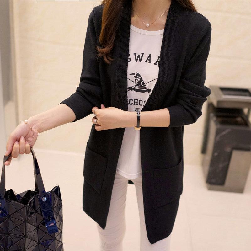 V-neck Mid-length Knitted Cardigan with Pockets