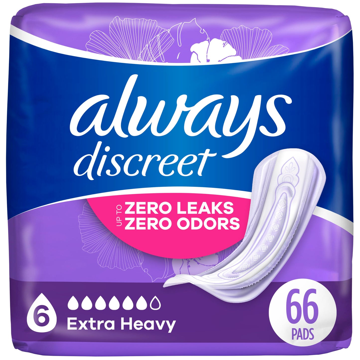 Always Discreet Adult Incontinence & Postpartum Pads for Women Extra Heavy Overnight Absorbency Regular Length 33 Count x 2 Packs (66 Count Total) (Packaging May Vary)