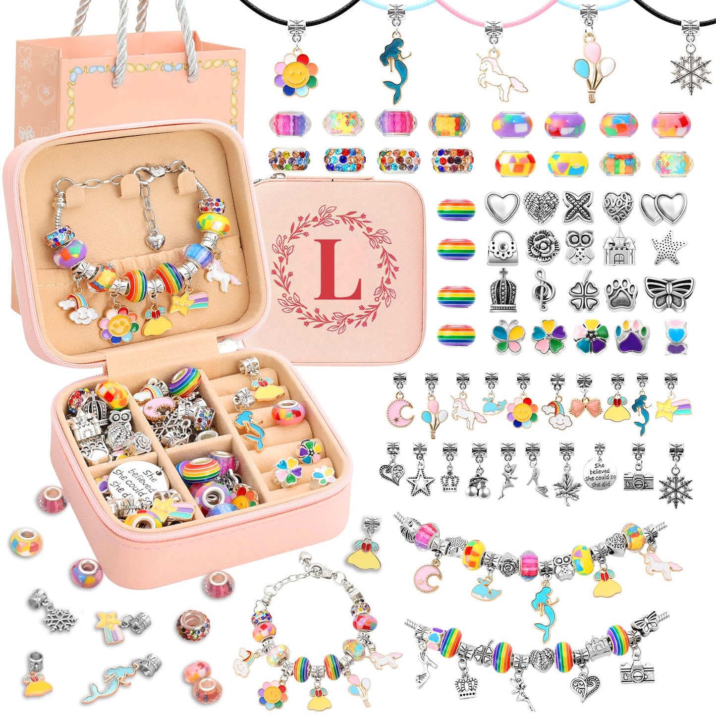 Charm Bracelet Making Kit for Girls 3-12 Kids Jewelry Making Kit 66Pcs Jewelry Kits for Girls Ages 8-12 Jewelry Maker Craft Necklace Birthday Christmas Gifts with Initial Jewelry Organizer Box - L