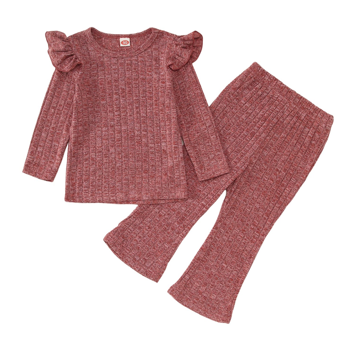 GLIGLITTR Toddler Baby Girls Clothes Set Ruffle Knit Ribbed Long Sleeve T-Shirts Tops+Pants 2Pcs Outfits Fall Winter Clothes(5-6TDark pink)